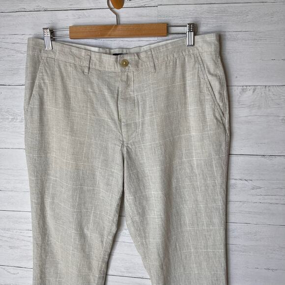 J Crew Pants Mens Size W 36 X L 32 Tan & White Plaid Straight Leg Linen Blend - Picture 9 of 16